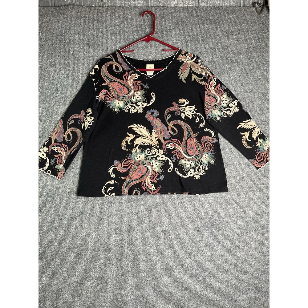 Jess & Jane Paisley Dream Top Black Blouse Floral Rhinestones Classic‎ USA L Y2K